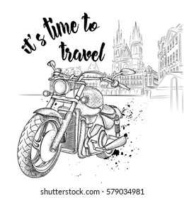 Hand drawn vintage motorcycle on background. The old city of Prague. Vector illustration