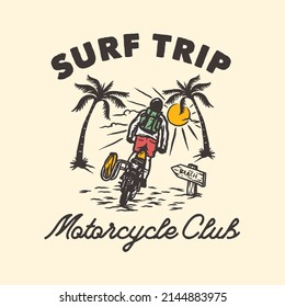Hand Drawn Vintage Motorcycle Surfing Club Logo Label Badge