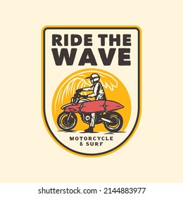 Hand Drawn Vintage Motorcycle Surfing Club Logo Label Badge