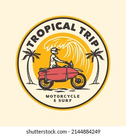 Hand Drawn Vintage Motorcycle Surfing Club Logo Label Badge