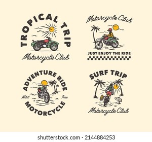 Hand Drawn Vintage Motorcycle Surfing Club Logo Label Badge