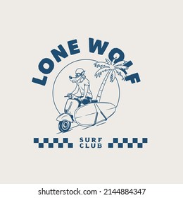 Hand Drawn Vintage Motorcycle Surfing Club Logo Label Badge