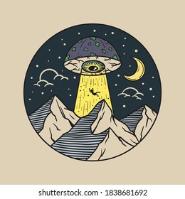 Hand Drawn Vintage Mushroom UFO with one eye Illustration