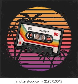 Hand drawn vintage music cassette against retro sunsets with palms, audiotapes music and records