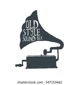 Hand drawn vintage music gramophone. Sketch style. Vector illustration. T-shirt print. Poster. Logo. Hipster. Lettering.