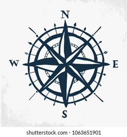 Hand Drawn Vintage Nautical Compass. Compass Wind Rose Vector Design Element.