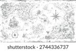 Hand drawn vintage nautical map depicting islands ships compass and detailed terrain in grey tones