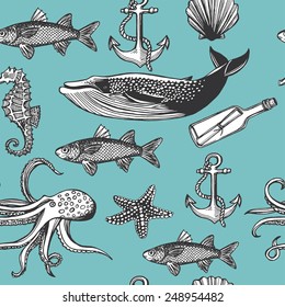 Hand drawn vintage nautical seamless pattern. message in a bottle, fish, shell, sea star, whale, anchor, sea horse, octopus