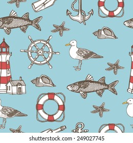 Hand drawn vintage nautical seamless pattern. Fish, lighthouse, seagull, steering wheel, sea star, shell, message in the bottle, anchor. Blue background