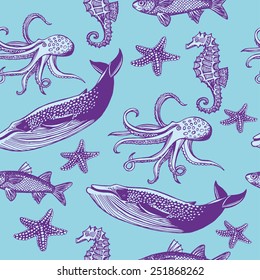 Hand drawn vintage nautical seamless pattern. Fish, sea star, whale, sea horse, octopus
