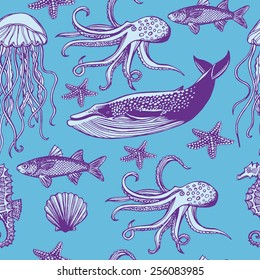 Hand drawn vintage nautical seamless pattern. Fish, sea star, whale, sea horse, jellyfish, octopus. Blue background 