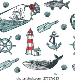 Hand drawn vintage nautical seamless pattern. Anchor, fish, steering wheel, ship in a bottle, sea shell, whale, message in a bottle, sea star, lighthouse.