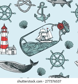 Hand drawn vintage nautical seamless pattern. Anchor, fish, steering wheel, ship in a bottle, sea shell, lighthouse, whale. Blue background