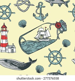 Hand drawn vintage nautical seamless pattern. Anchor, fish, steering wheel, ship in a bottle, sea shell, lighthouse, whale