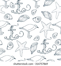 Hand drawn vintage nautical seamless pattern with Anchor,  Seagull, Seashell.