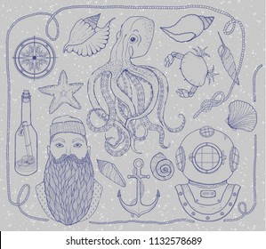 Hand drawn Vintage nautical Set. It consists of octopus, sailor, bottle with a message, seashells, crab, compass, diving helmet, rope and sea knot. Vector illustration.
