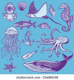 Hand drawn vintage nautical set. Fish, sea star, whale, sea horse, jellyfish, octopus.