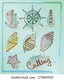 Hand drawn vintage nautical set. Lighthouse, anchor, shell, sea star, steering wheel 