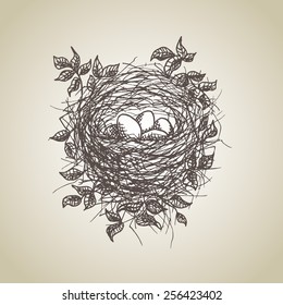 Hand drawn vintage nest with eggs and leaves. Perfect for Easter design.