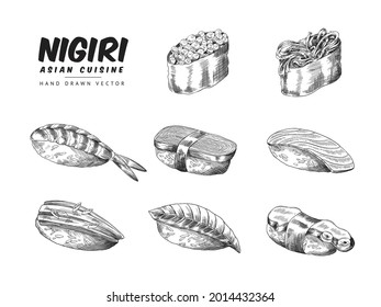 Hand drawn vintage nigiri sushi set, engraving vector illustration isolated on white background. Asian Japan cuisine sea food set in retro etched style.