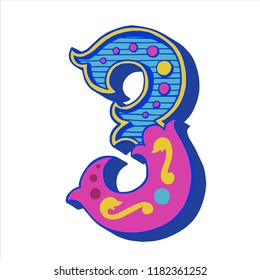 Hand drawn vintage numeral. Ornate circus style number three for birthday invitations, posters, table cards and apparel.