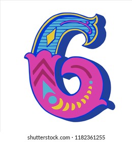 Hand drawn vintage numeral. Ornate circus style number six for birthday invitations, posters, table cards and apparel.