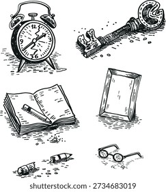 Hand Drawn Vintage Objects Set, Black and White Ink Sketch Illustrations
