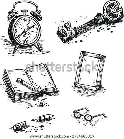 Hand Drawn Vintage Objects Set, Black and White Ink Sketch Illustrations