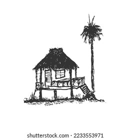 Hand drawn vintage old hut with palm tree next to it. Drawing sketch black old beach hut vector illustration art.