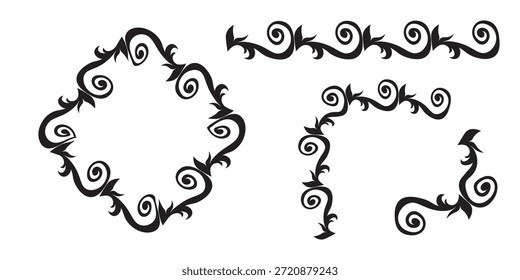Elementos ornamentados vintage desenhados à mão, rolagem, divisores, coroas, quadros de borda. Conjunto ornamental floral. Ilustração desenhada à mão vetorial para cartões de saudação, convites de casamento. Copiar espaço.