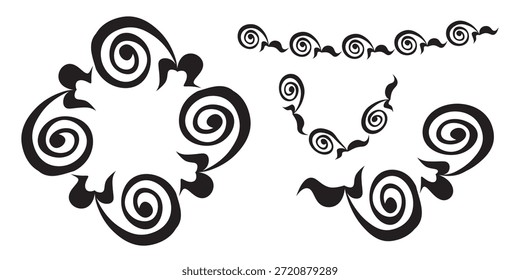 Elementos adornados vintage dibujados a mano, scroll, divisores, coronas, marcos de borde. Conjunto ornamental floral. Vector dibujado a mano ilustración para tarjetas de felicitación, invitaciones de boda. Copiar espacio.