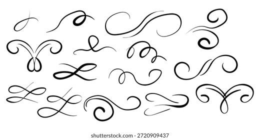 Elementos adornados vintage dibujados a mano, scroll, divisores, coronas, marcos de borde. Conjunto ornamental floral. Vector dibujado a mano ilustración para tarjetas de felicitación, invitaciones de boda. Copiar espacio.