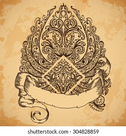 Hand drawn vintage ornate wings with ribbon banner for your text. Copy space for message. Tattoo element. Heraldry and logo concept art. Isolated vector illustration in line art style.