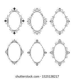 Hand drawn vintage oval frames set. Elegant ornate wedding round borders. Vector isolated filigree invitation card.