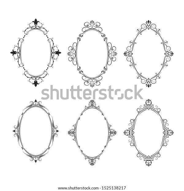 Hand\
drawn vintage oval frames set. Elegant ornate wedding round\
borders. Vector isolated filigree invitation\
card.