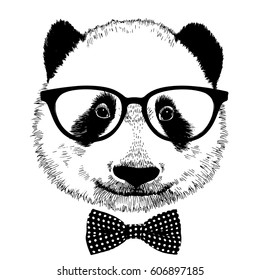 Hand drawn vintage panda with sunglasses and bow tie