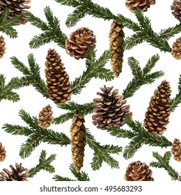 Hand drawn vintage pattern background with pine cones, branches. Seamless Christmas pattern.