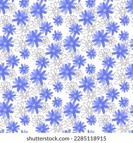 Patrón vintage dibujado a mano con flores de achicoria azules. Un fondo perfecto. ilustración bonita