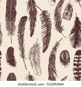 Hand drawn vintage pattern with feathers. Vector.