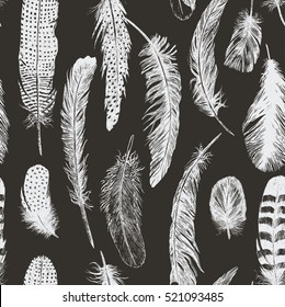 Hand drawn vintage pattern with feathers. Vector.