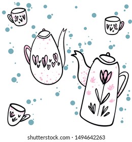 Hand drawn vintage pattern with tea cups and teapots. Tea time concept.  