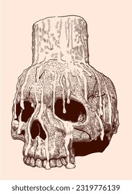 Hand drawn, vintage, pen and ink skull candle illustration.