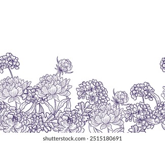 Hand Drawn Vintage Peony and Hydrangea Flower