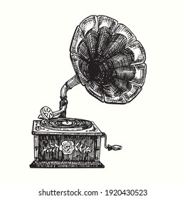 Hand drawn vintage phonograph with rose flowers decoration. Ink black and white drawing. Vector illustration. Front view