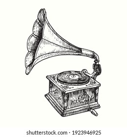 Retro musical gramophone drawn vintage phonograph Vector Image