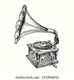 Hand drawn vintage phonograph with rose flowers decoration. Ink black and white drawing. Vector illustration. Side view