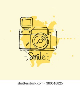 Hand drawn vintage photo camera on splatter colorful background