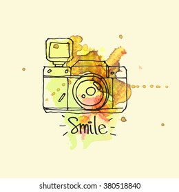 Hand drawn vintage photo camera on splatter colorful background