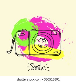 Hand drawn vintage photo camera on splatter colorful background
