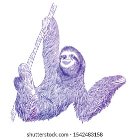 Hand drawn vintage picture  of sloth on a tree. Vector isolated illustration on white background for your design, banner, t-shirt, print, pillow. Blue and violet gradient